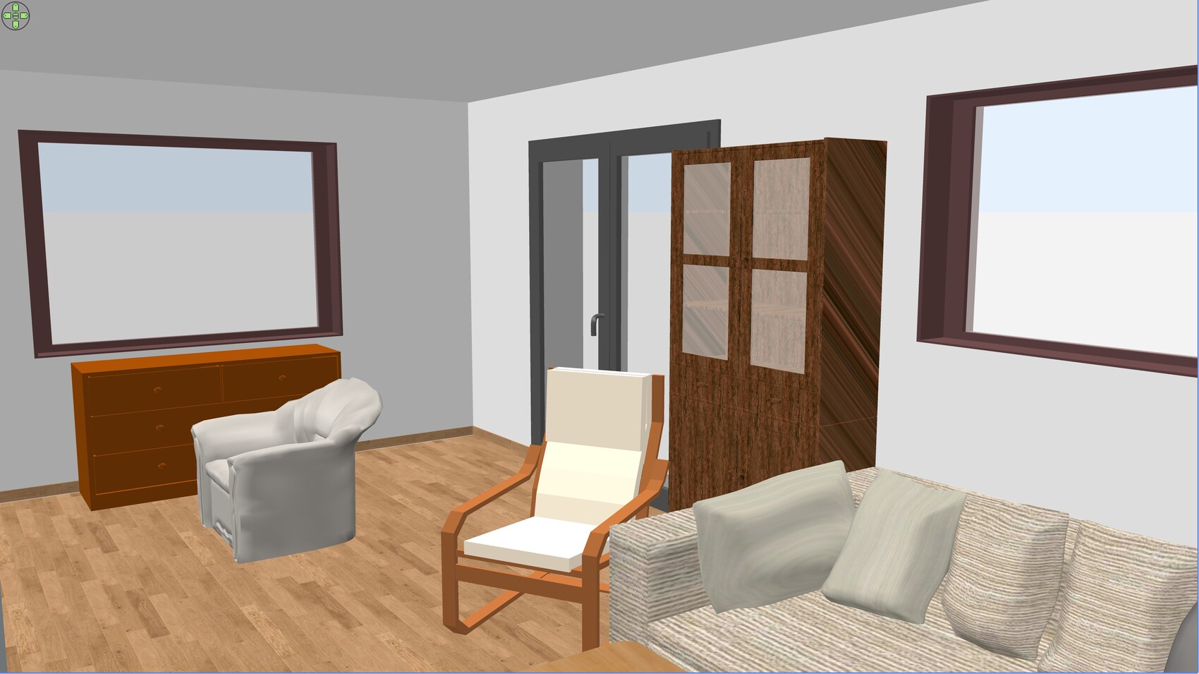 3D-Wohnzimmer mit Sofa, Sessel und Sideboard in moderner Innenraumszene