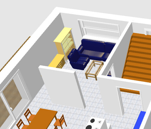 3D-Wohnzimmer mit Sofa, Couchtisch, Esstisch, Küche und Treppe sichtbar.