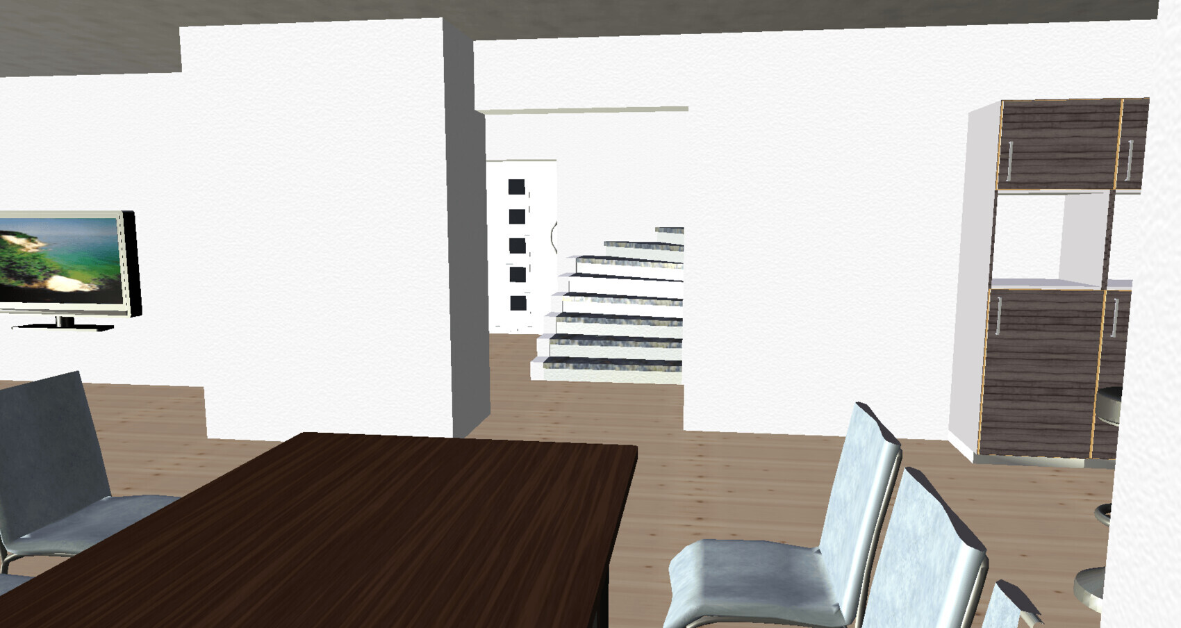 Esszimmer: dunkler Holztisch, hellblaue Stühle, TV links, Treppe in Mitte, Hochschrank rechts.