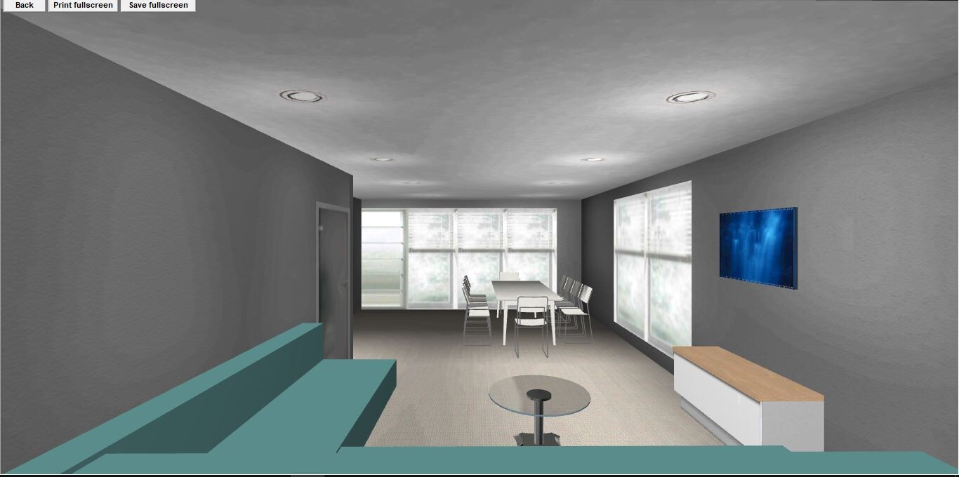 Grauer Wohnraum mit Esstisch und Stühle, TV an der Wand, tealfarbene Sitzbank und Fensterfront.