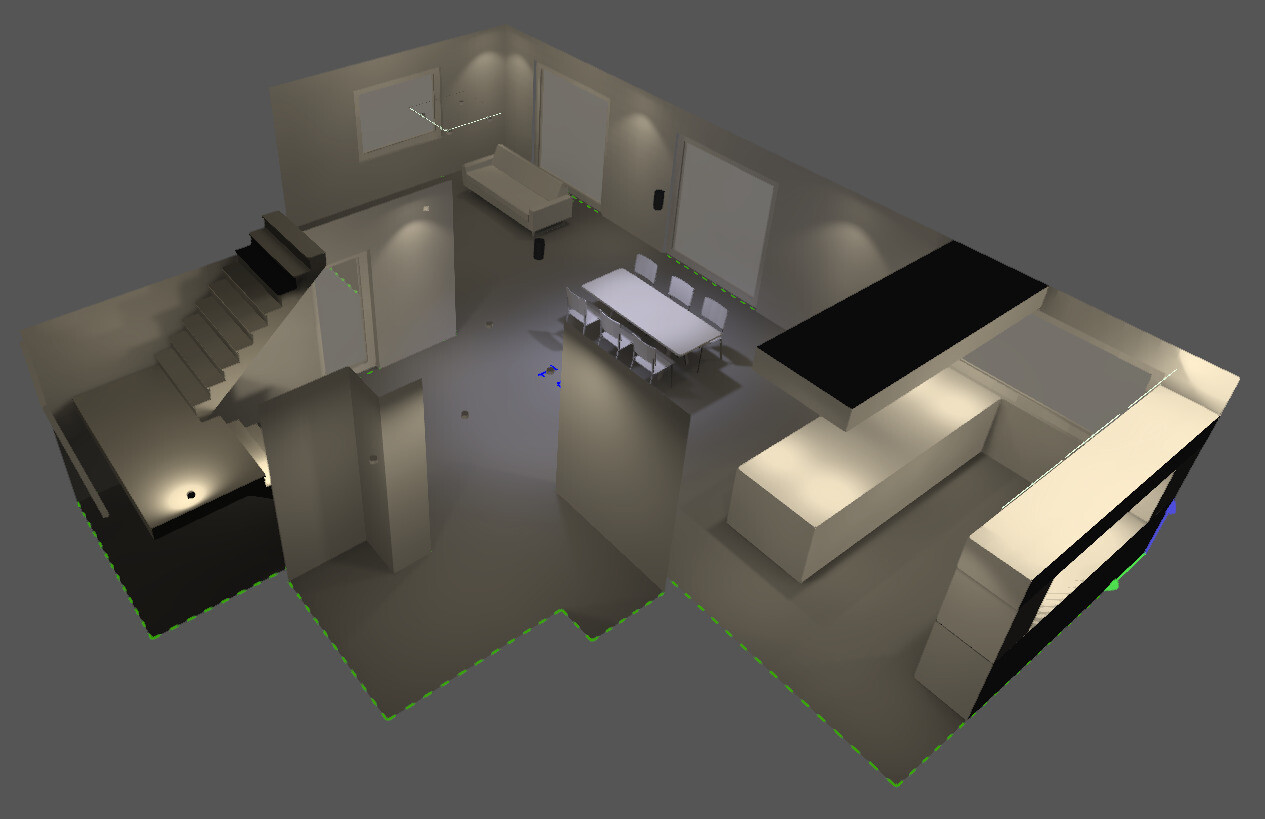 Offener 3D-Wohnbereich mit Esstisch, Treppe und Sitzgruppe