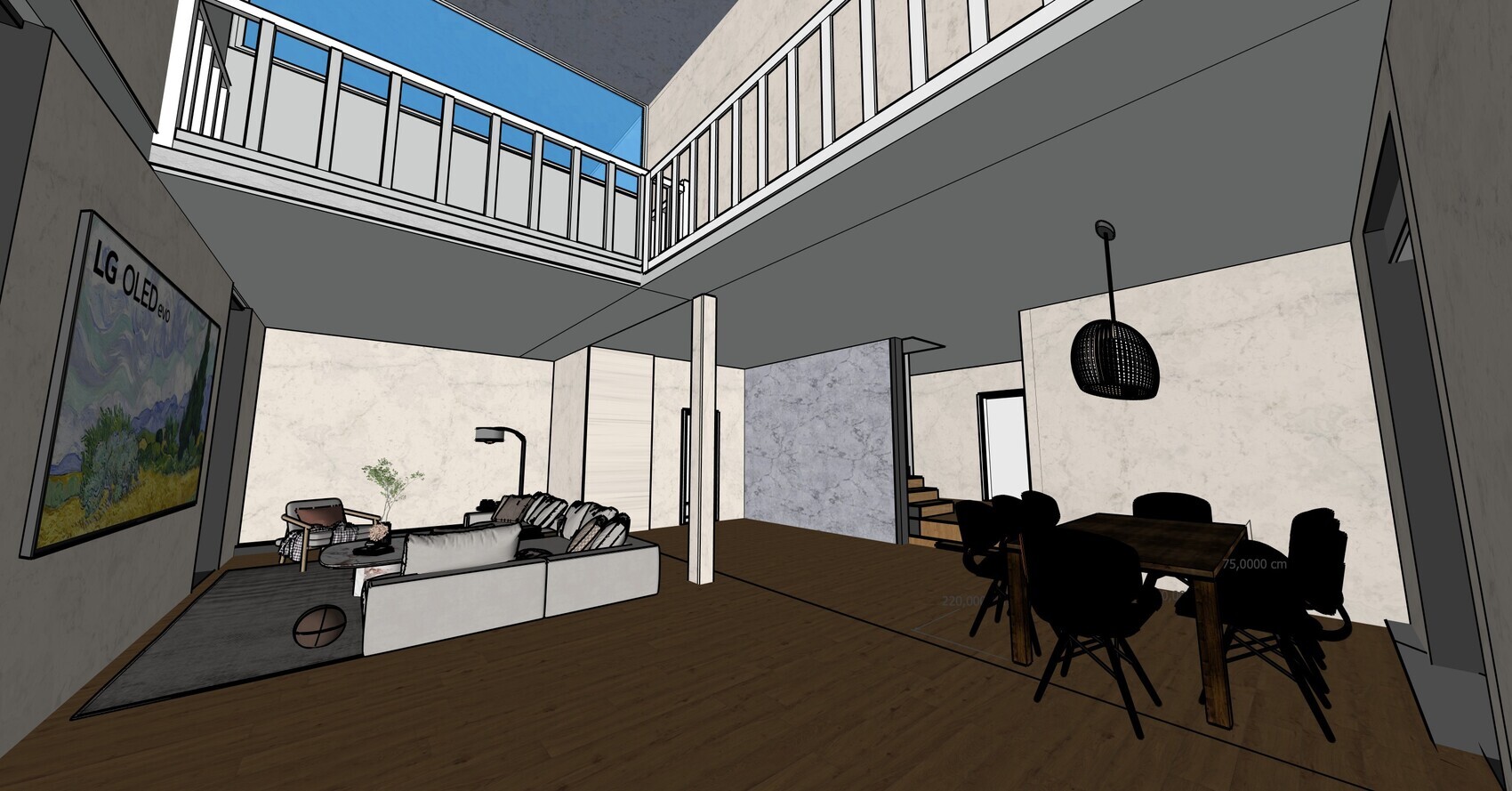 Offener 3D-Wohnbereich mit Sofa, Esstisch, Holzboden und Mezzanin.