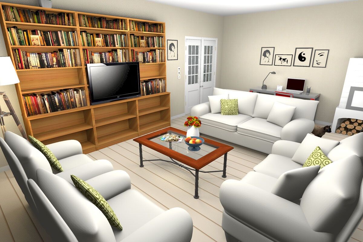 Wohnzimmer mit weißem Sofa, Bücherwand, TV, Schreibtisch und Kamin.
