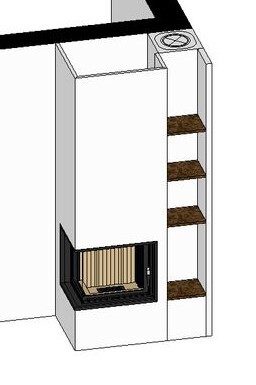 3D-Ansicht eines Kamins mit integrierter Regalwand im Wohnzimmer.