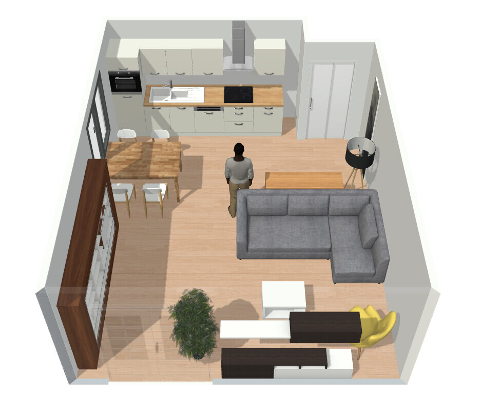3D-Wohnzimmer mit offener Küche, Esstisch, Sofa und einer Person im Wohnbereich.