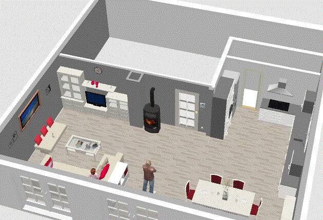 Offenes Wohnzimmer mit Kaminofen, Fernseher, Sofa, Esstisch; Küchenbereich sichtbar; Person steht da.