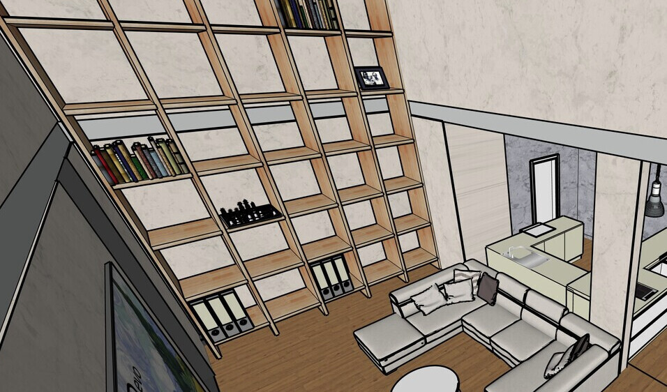 3D-Wohnzimmer mit großem Holzregal, Ecksofa und offener Küchenbereich im Hintergrund