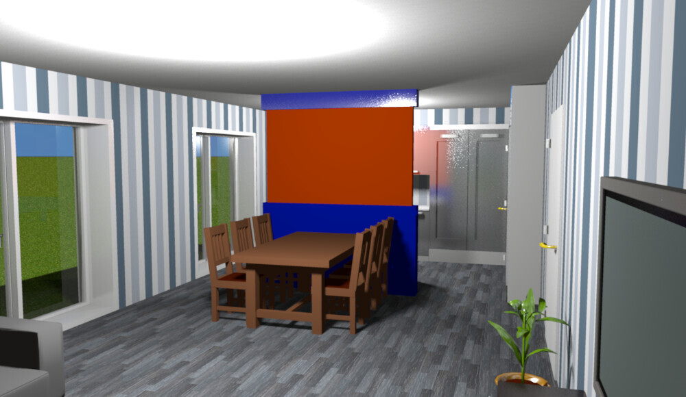 3D-Wohnzimmer mit Esstisch, Stühlen, Streifenwand und TV sichtbar
