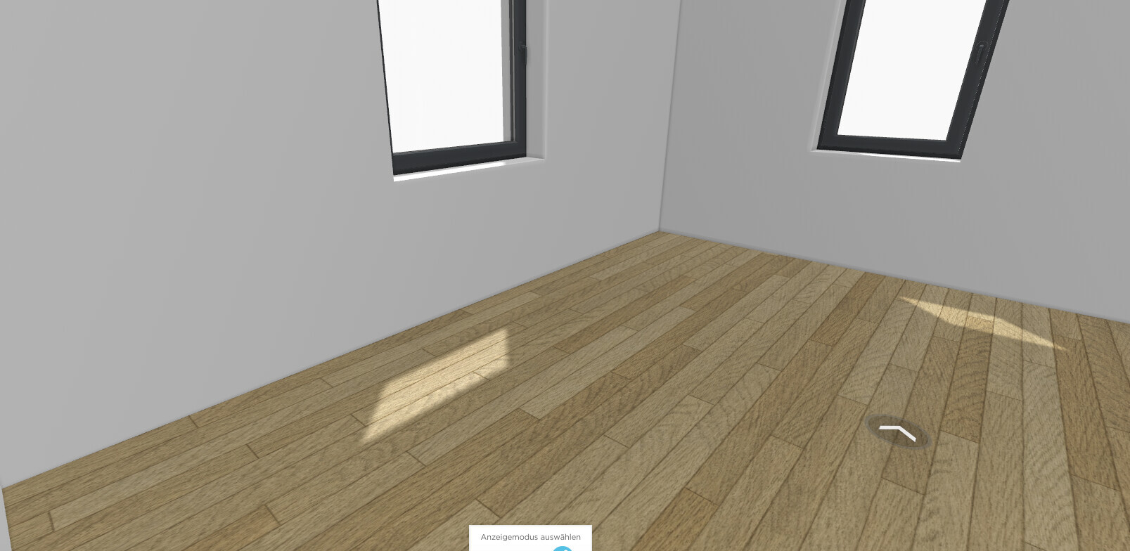 3D-Render eines leeren Wohnzimmers mit Holzboden, grauen Wänden und zwei Fenstern