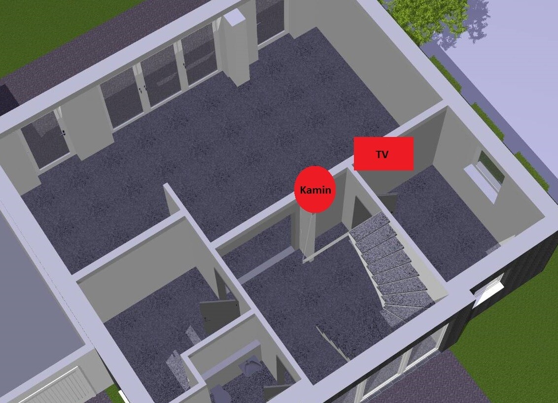 3D-Grundriss eines Hauses: Wohnzimmer mit Kamin (roter Kreis) und TV, Treppe