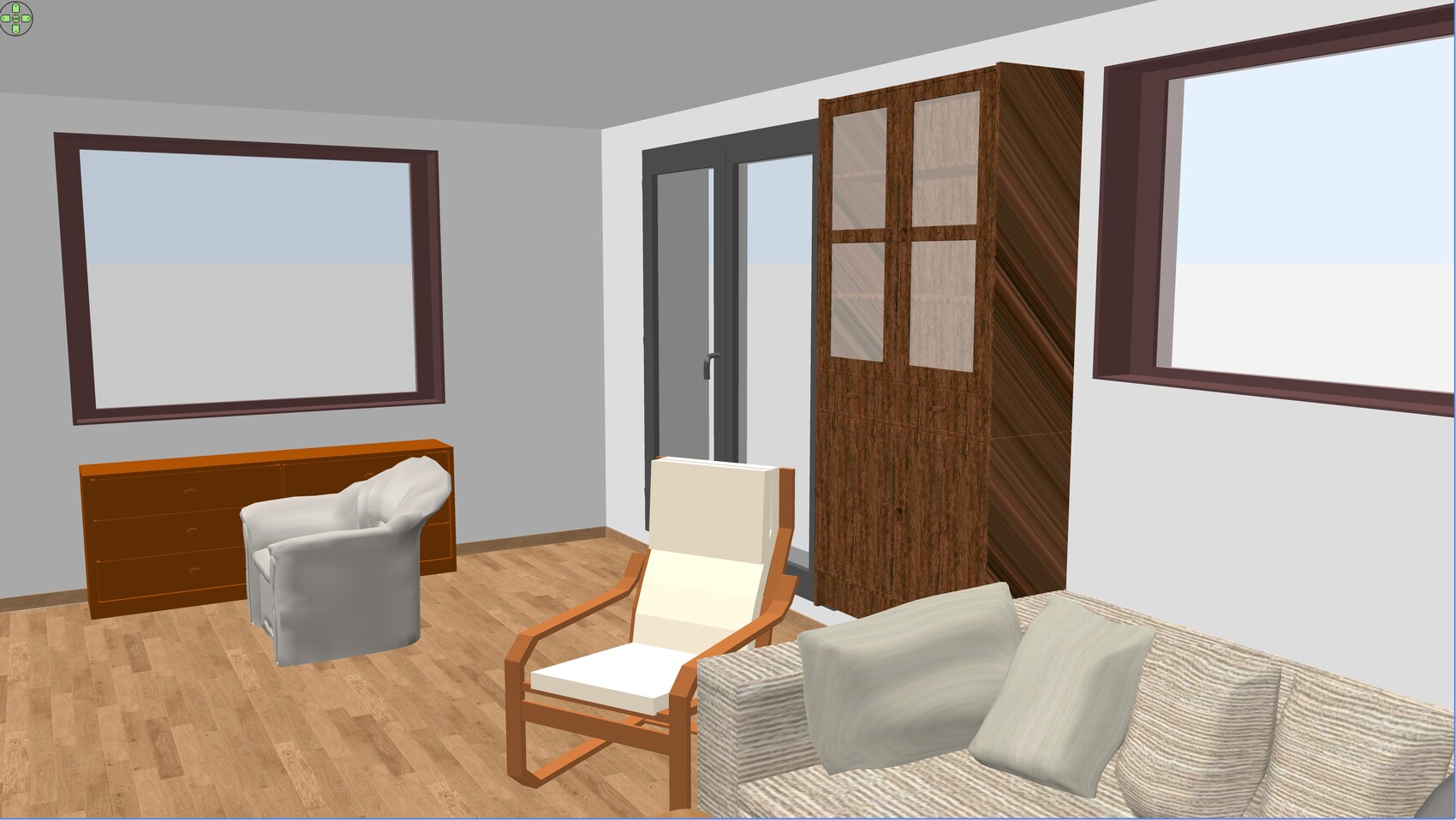 Modern eingerichtetes Wohnzimmer mit Sofa, Sessel und Holzmöbeln.