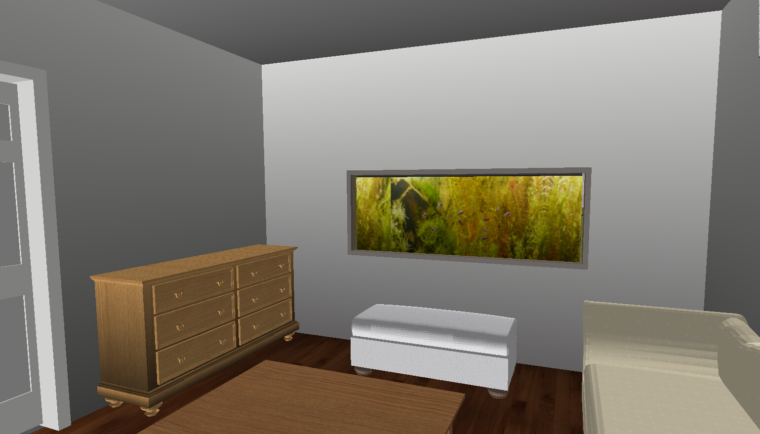 3D-Wohnzimmer: braune Kommode links, weiße Ottomane, beige Sofa, Aquarium an grauer Wand.