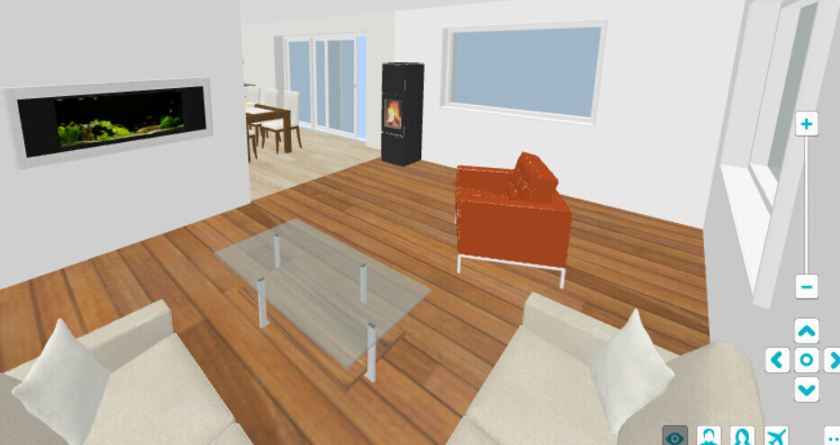 Helles Wohnzimmer: Holzfußboden, Glas-Couchtisch, weiße Sofas, roter Sessel, Kamin, Aquarium.