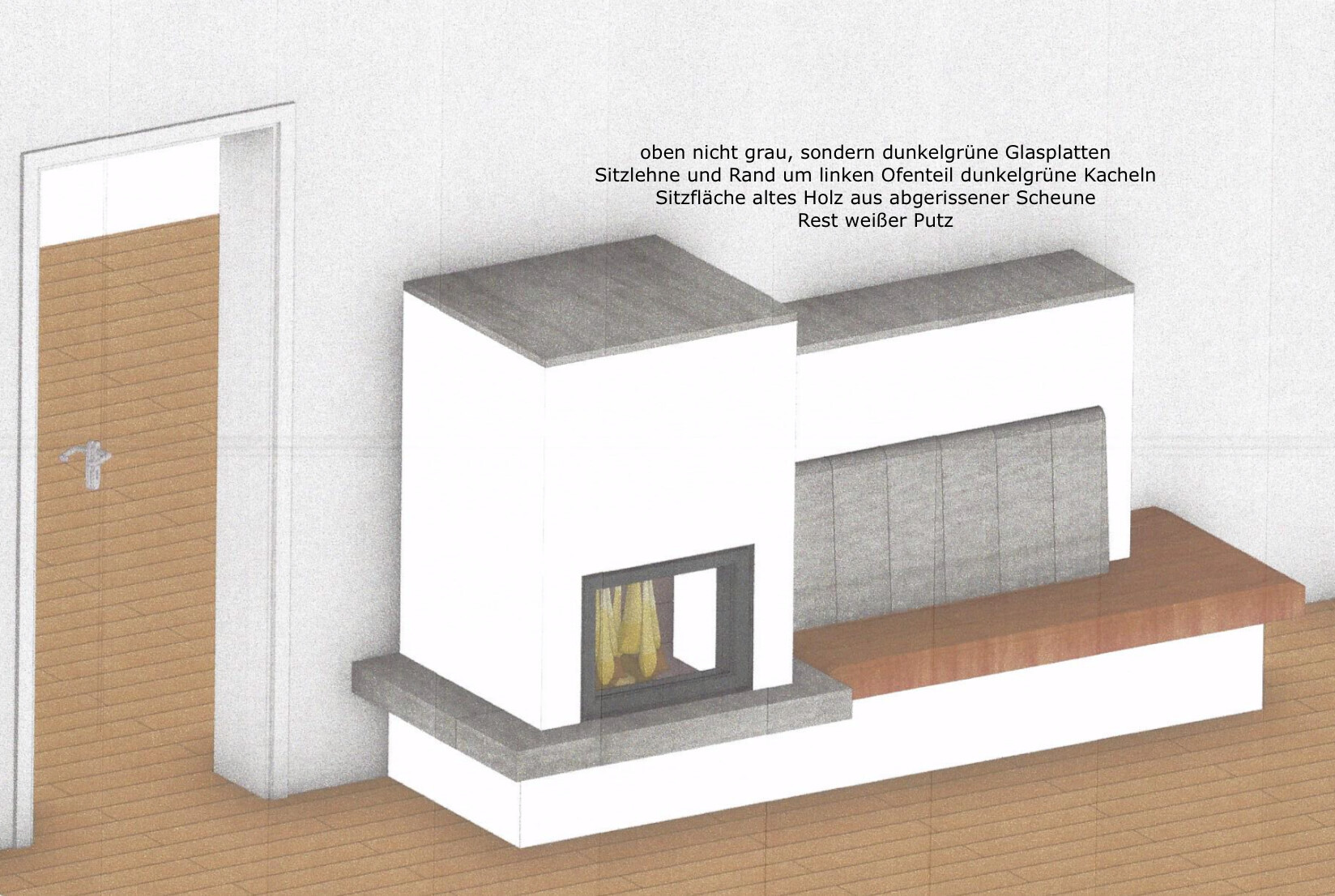 Moderne weiße Kaminanlage mit Glasfront, grauer Steinplatte, Holzbank und Holzboden im Wohnzimmer.
