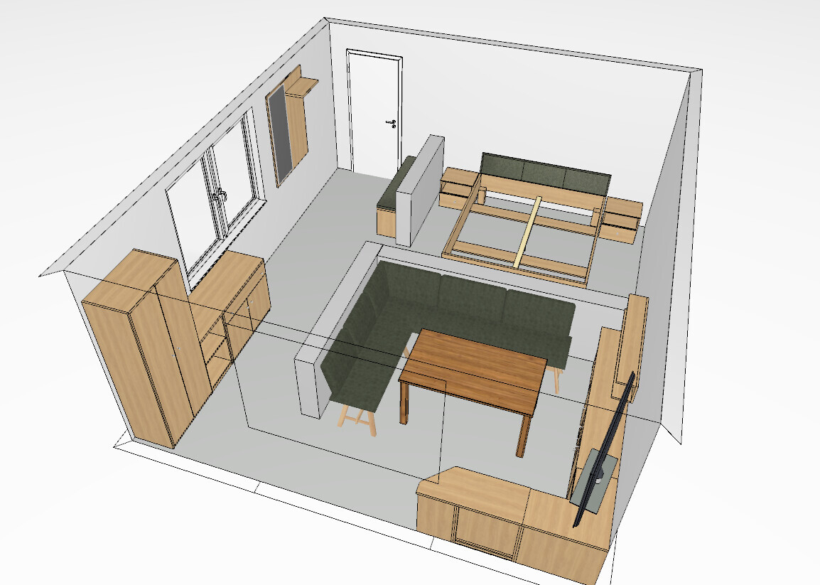 Grundriss eines Wohn-/Schlafraum: grüne Sofa-Ecke, Couchtisch, TV-Möbel, Bettgestell, Schrank.