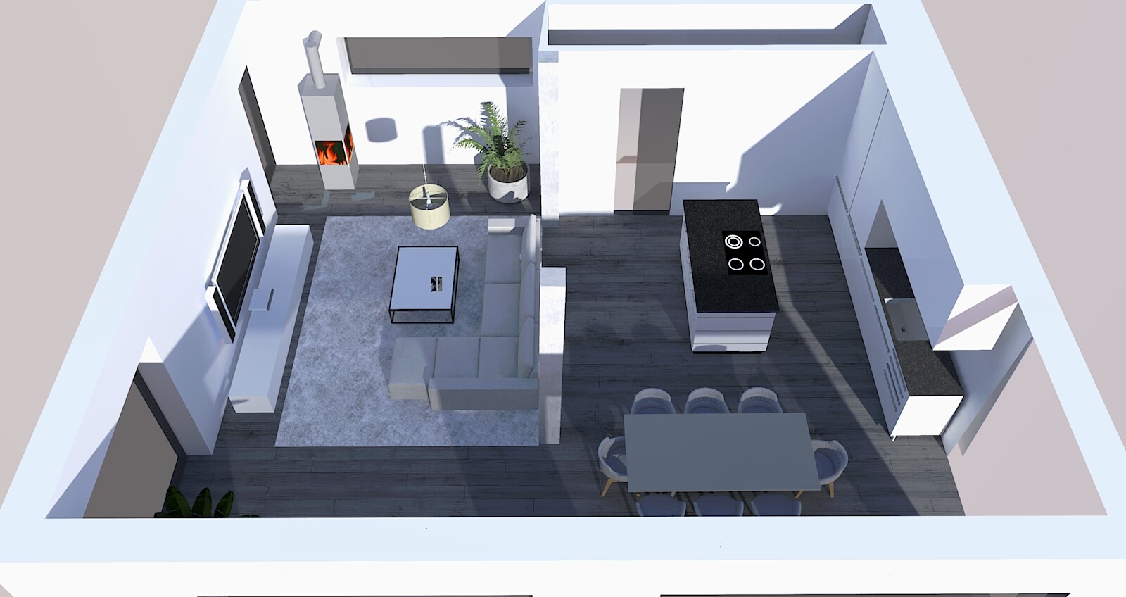 Moderne offene Wohnung: Wohnzimmer mit Sofa, Kamin, Pflanze, Küche mit Insel und Esstisch.