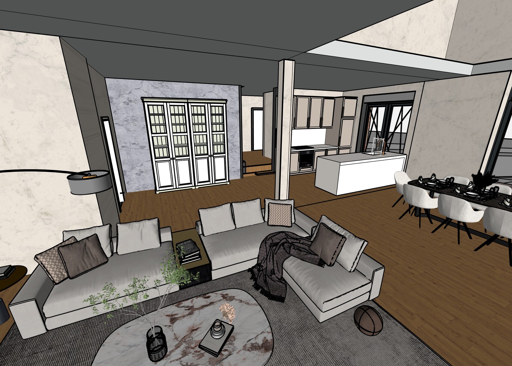 Offenes Wohnzimmer mit Kücheninsel, Esstisch und moderner Einrichtung in offener Raumgestaltung