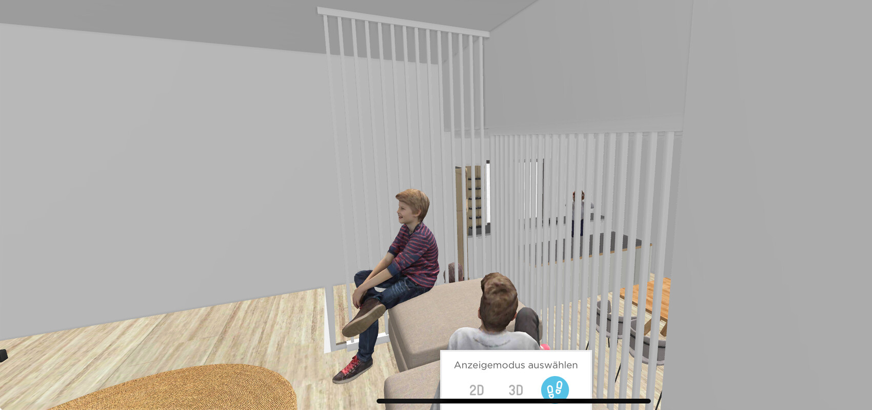 Zwei Personen sitzen in einem modernen 3D-Wohnzimmer hinter einer vertikalen Raumtrennwand.