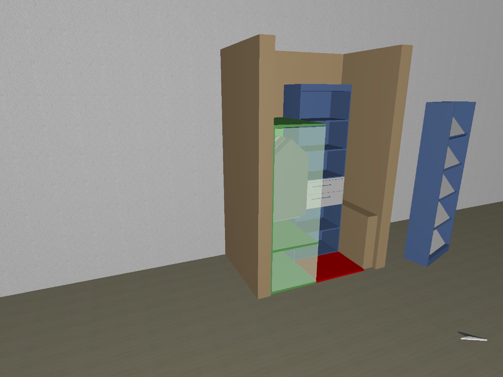3D-Regal mit Glasfronten in Holzrahmen, daneben Turm mit Dreiecken; kleiner Gegenstand auf dem Boden.