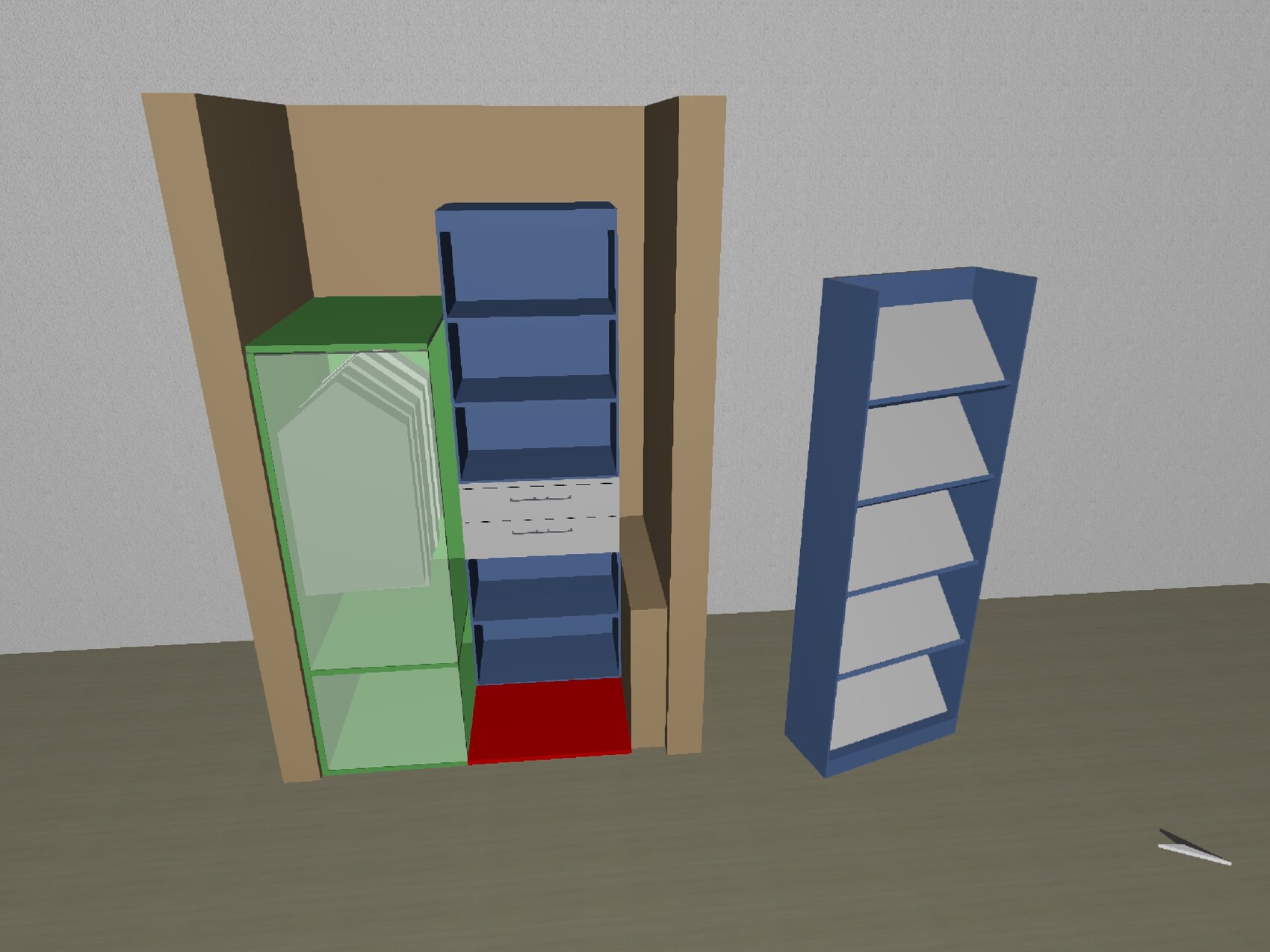 3D-Szene: grüne Glasvitrine links, blaue Regale in Nische, blaues Regal rechts.