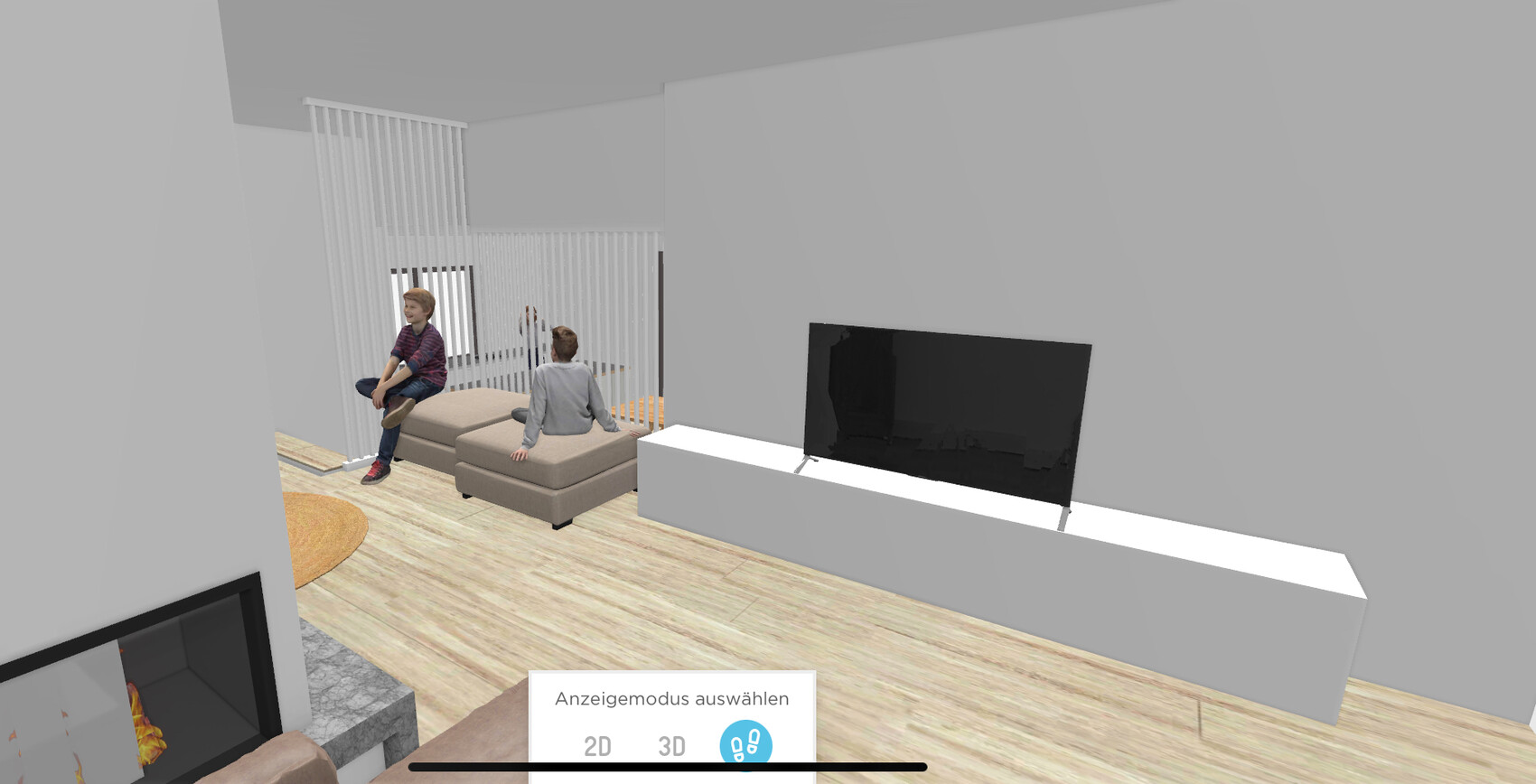 3D-Wohnzimmer mit Fernseher, Sofa, Kamin und zwei sitzenden Kindern.