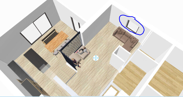 3D-Wohnzimmer: Offener Wohnbereich mit Sofa, Couchtisch und Trennwand im Grundrissmodell.