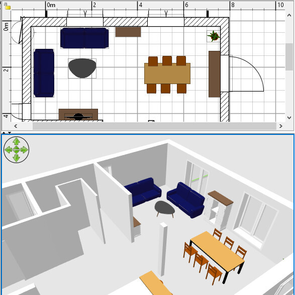 2D-Grundriss und 3D-Wohnzimmer: zwei blaue Sofas, Esstisch mit Stühlen, Couchtisch, Regal.