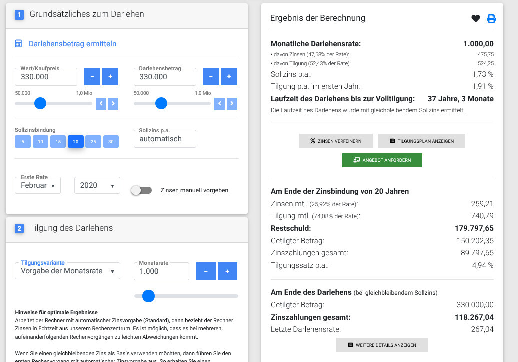 Online-Darlehensrechner: Eingaben (Kaufpreis, Darlehen, Zinssatz) und Ergebnisse.