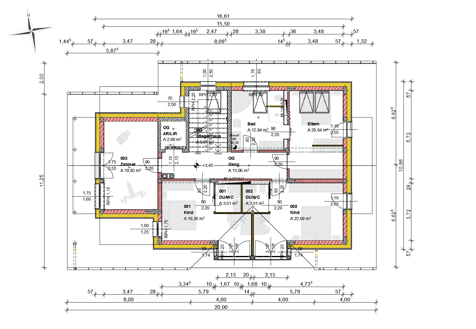Detaillierter Grundriss eines Hauses mit Zimmern, Treppen und Maßangaben
