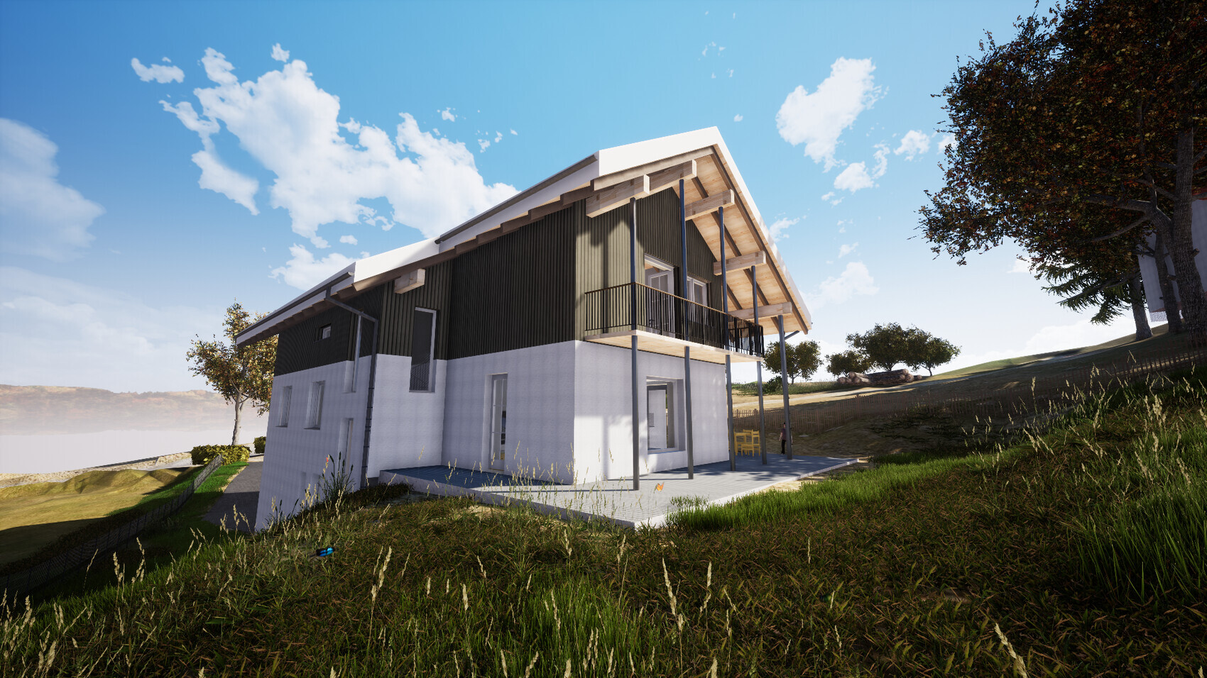 Modernes, zweigeschossiges Haus mit dunkler Holzverkleidung, weißem Sockel und Balkon.