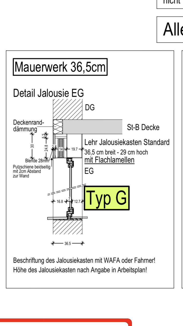 Detailansicht: Jalousiekasten Typ G im EG, Mauerwerk 36,5 cm, Jalousie mit Flachlamellen.