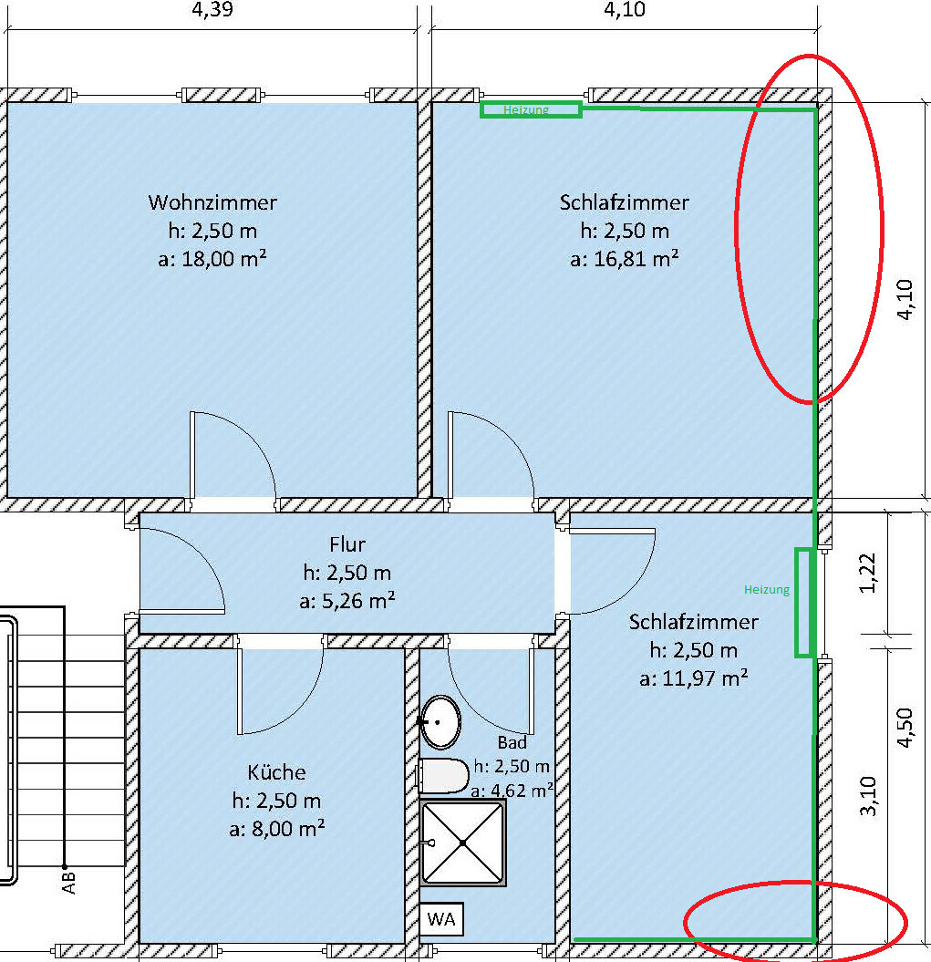 Grundriss eines Wohn-/Schlafhauses: Wohnzimmer, zwei Schlafzimmer, Küche, Bad, Flur, Heizung.