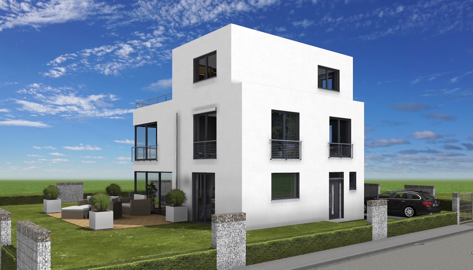 Moderne weiße, dreistöckige Villa mit großen Fenstern, Balkonen, Terrasse und geparktem Auto.