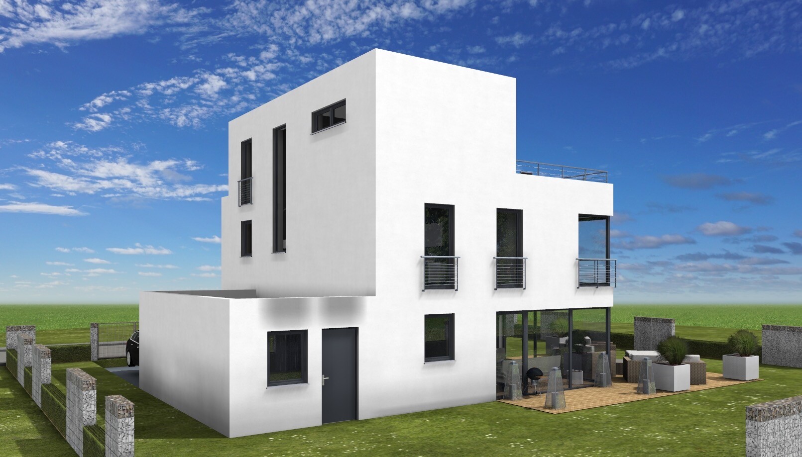 Moderne weiße Villa mit Balkonen, Terrasse und Garten unter blauem Himmel.