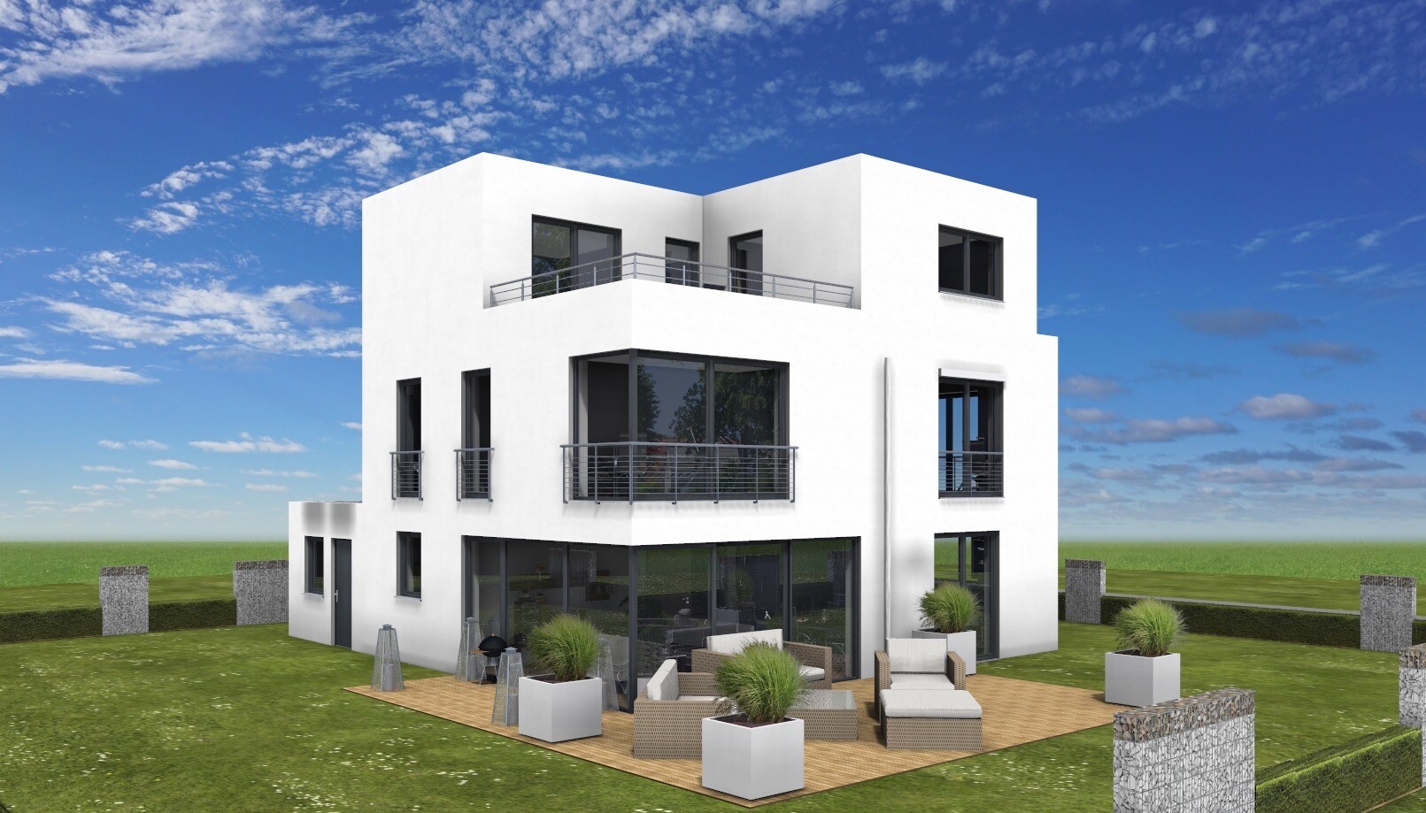 Moderne weiße zweistöckige Villa mit Glasfront, Balkon und Lounge auf Holzterrasse im Garten.