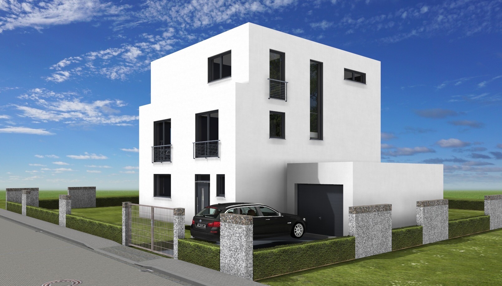 Moderner weißer dreistöckiger Bau mit Garage, Einfahrt, Auto und Garten unter blauem Himmel.