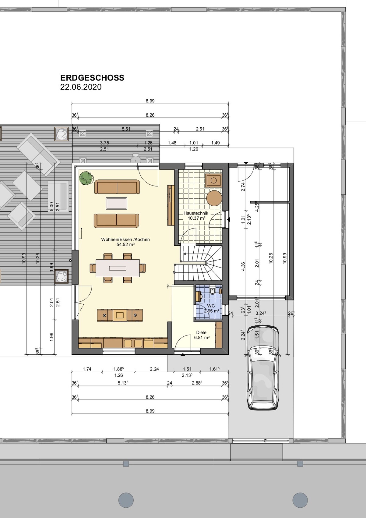 Grundriss Erdgeschoss: Wohn-Essen-Kochen, Diele, WC, Haustechnik, Terrasse, Garage
