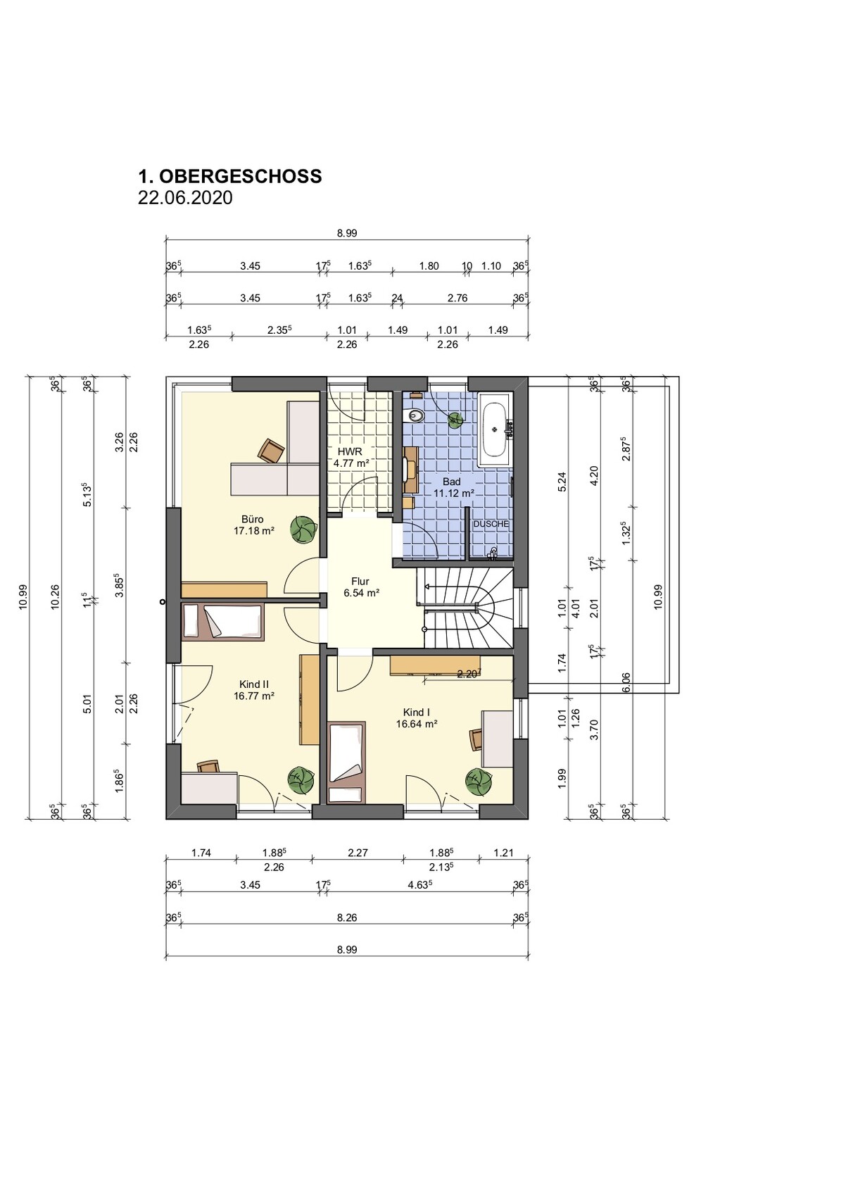 Grundriss Obergeschoss: Flur, Bad, HWR, Büro, Kind I, Kind II, Treppe.