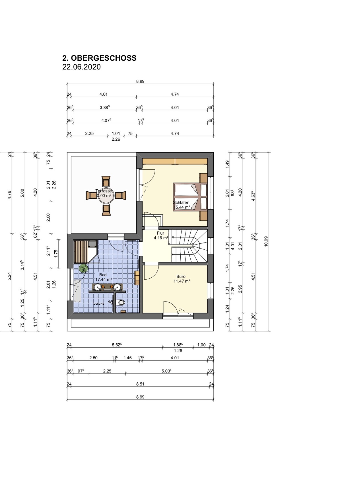Grundriss Obergeschoss mit Terrasse, Schlafen, Bad, Flur, Büro und Treppe.