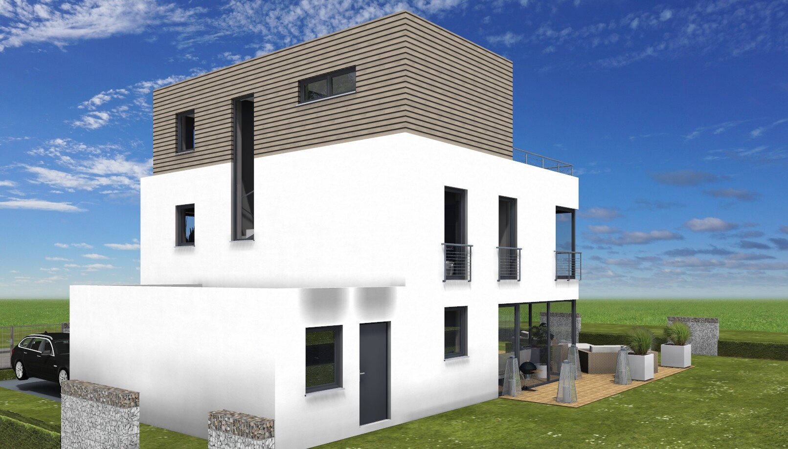 Modernes Haus mit weißem Unterteil, braunem Oberteil, Terrasse und Garten.