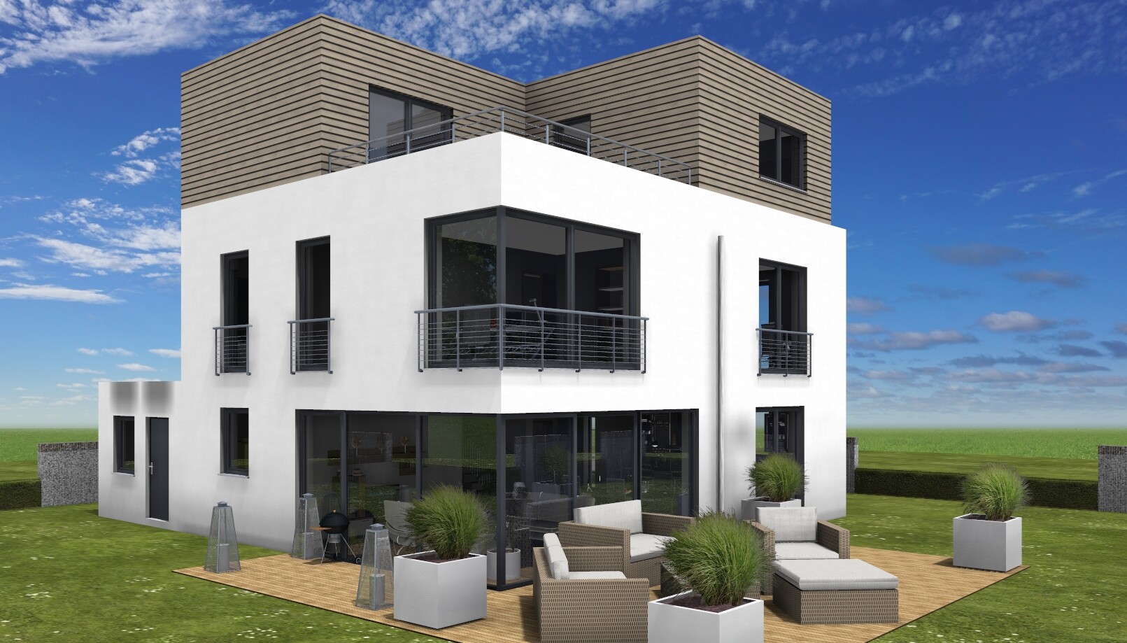 Modernes zweistöckiges Haus mit weißer Fassade, braunem Oberteil und Glasfronten samt Terrasse