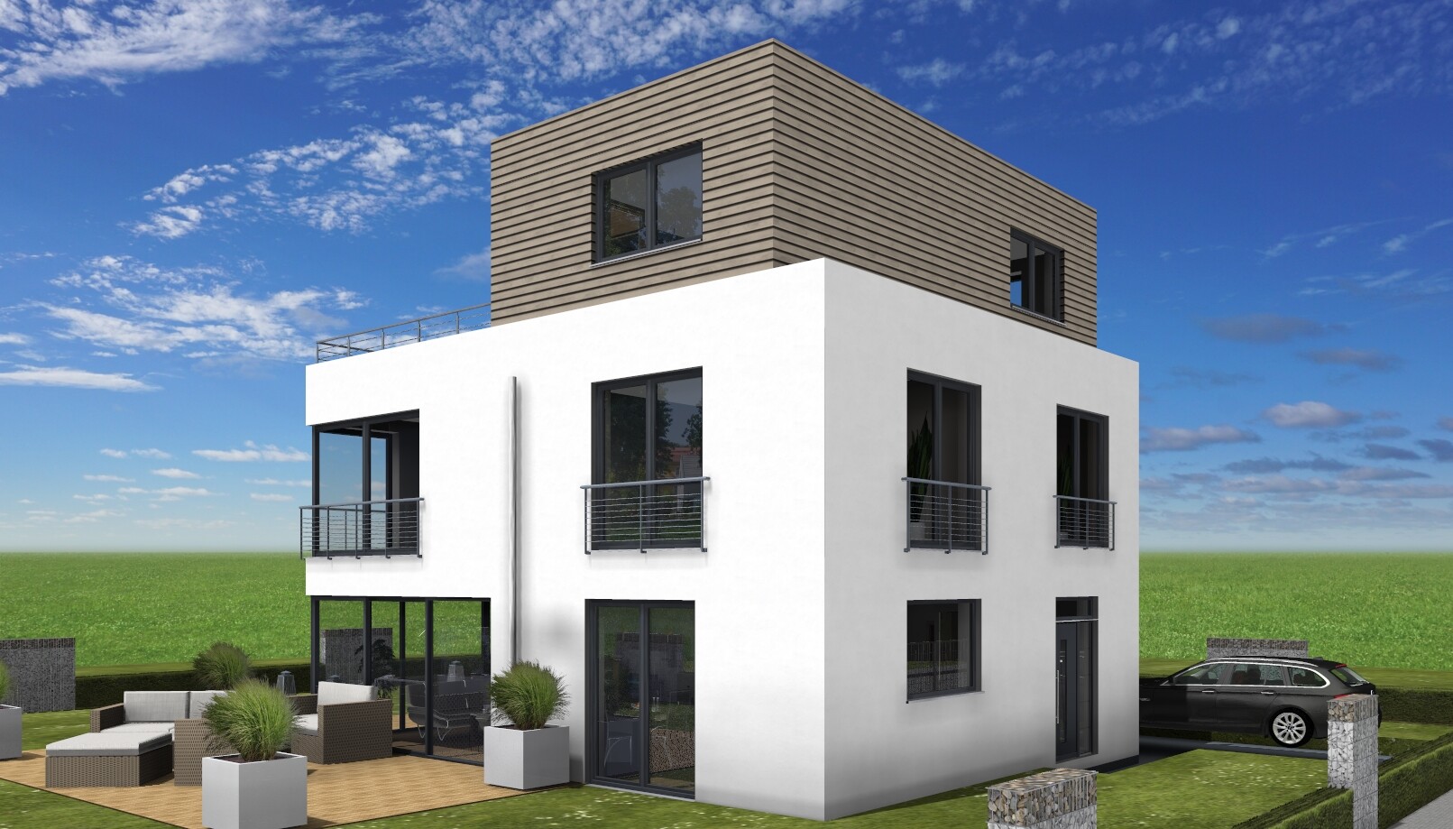 Modernes Haus: weiße Fassade unten, Holzaufbau oben, Balkone, Terrasse, geparktes Auto.