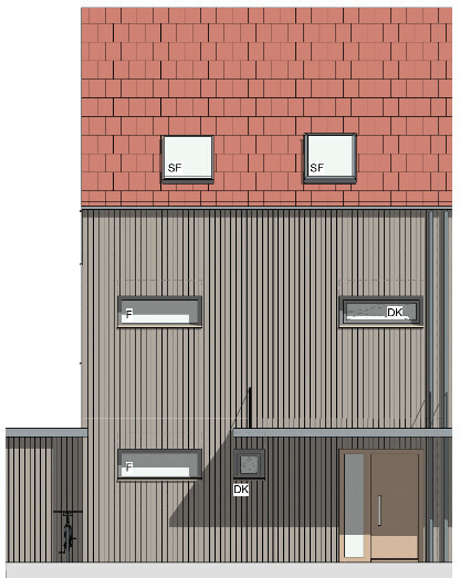 Zweistöckiges Haus mit rotem Ziegeldach, vertikaler Holzverkleidung, mehreren Fenstern und Eingangstür.