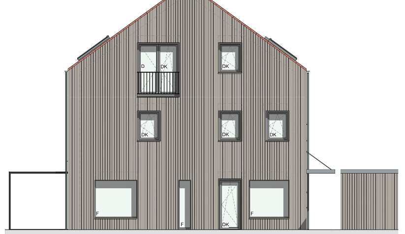 Modernes zweistöckiges Holzhaus mit vertikaler Verkleidung, Balkon und Seitenanbau.