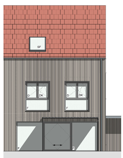 Zweistöckiges Holzhaus mit rotem Ziegeldach, vertikaler Holzverkleidung und großen Glasfronten.