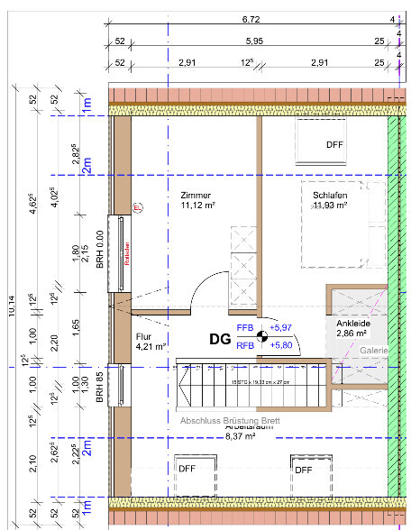 Grundriss eines Dachgeschosses: Zimmer, Schlafen, Ankleide, Flur und Treppe.