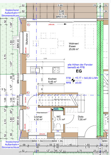 Grundriss eines Wohn- und Essbereichs mit Küche, Lounge, Diele und WC