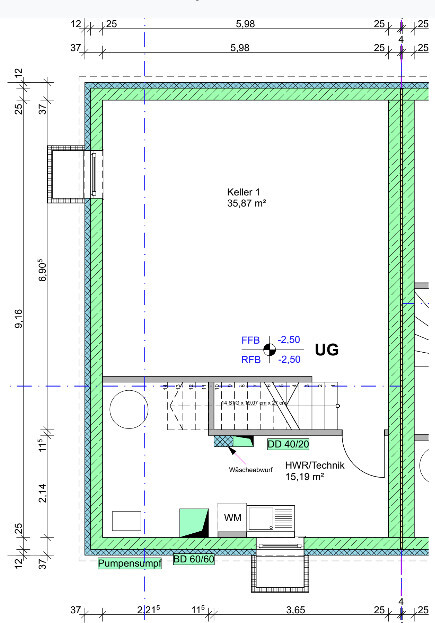 Keller UG: Großer Raum mit HWR/Technik, Treppenaufgang, Waschmaschine und Pumpensumpf.