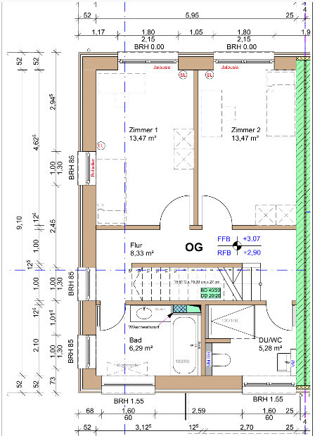 Grundriss OG: Zwei Zimmer (je 13,47 m²), Flur, Bad, DU/WC, Treppenaufgang.
