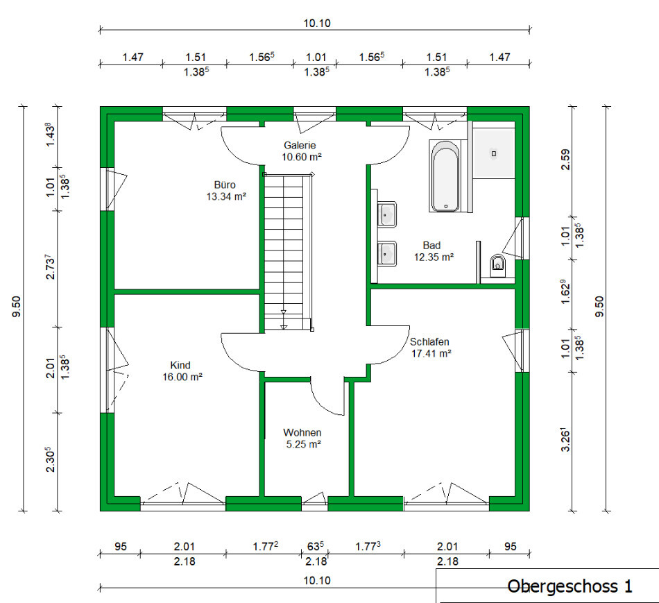 Grundriss des Obergeschosses mit Galerie, Büro, Kind, Wohnen, Schlafen und Bad.